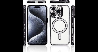 Hoesje Geschikt voor iPhone 15 Pro Max Magsafe hoes Lens beschermer Zwart – Luxe bling sprankelende diamant backcover