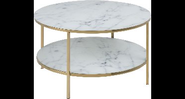 Almaz salontafel Ø80 cm, witte marmer print, goudkleurig chroom.