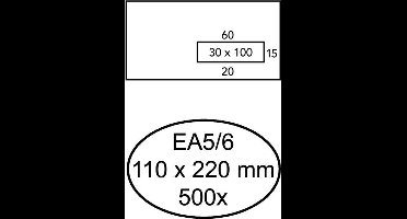 Quantore Envelop EA5/6 110x220mm, Venster rechts 3x10cm, Zelfklevend, Wit, 500 stuks