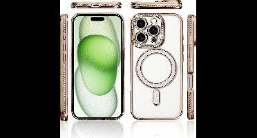 Hoesje Geschikt voor iPhone 15 Plus Magsafe hoes Lens beschermer Goud – Luxe bling sprankelende diamant backcover