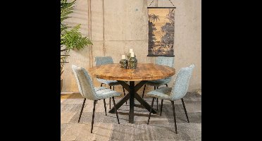 Meubelplaats Combideal Lucille: ronde eettafel Mangohout 120 cm met 4 Lucille eetkamerstoelen - Stof perfect harmony - Lichtblauw - Eethoek - eetkamerset - eettafel met stoelen