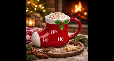 Kerstmok - Kerstlaars Design - 300 ml - Keramiek - Feestelijk Rood/Wit