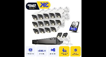 Beveiligingssysteem – CCTV Camera Set – 3K Beveiligingscamera – Bewakingscamera – Security Camera – 16 Camera's – 4TB HDD – Smart Dual-Light Nachtzicht – AI Personen- en Voertuigdetectie