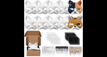 Kattenmaskers om te beschilderen, DIY papieren masker met synthetische pluche stof en ooggaas, Therian masker, witte halve maskers, ongeverfde maskers voor Halloween, carnaval, maskerade, feestcosplay