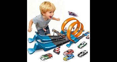 40-delige speelgoedautoset met dubbele rails, katapult-treinwagenracespeelgoed, zelfgebouwde racebaanset met 4 raceauto's, educatief en interactief speelgoed, voor jongens en meisjes, kerstcadeau voor verjaardagscadeaus