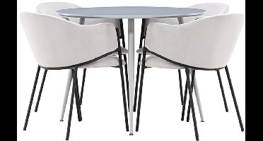 Plaza eethoek tafel Ø100cm en 4 velours stoelen met armleuningen grijs.