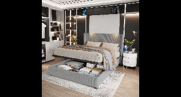 Opbergbed – Opbergbedden – Bed met Opbergruimte – Gestoffeerd Bed – Tweepersoonsbed – Hydraulisch Gasveer Mechanisme – LED-Verlichting en USB Oplaadfunctie – Fluwelen Bekleding en Metalen Frame