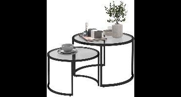 Bijzettafels – Salontafels – Sidetables – Nachtkastjes – Banktafels – Set van 2 Ronde Tafels – Geharde Glazen Tafelbladen – Zwart Carbonstaal Frame