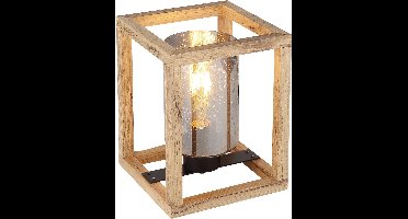 Tafellamp rookglas tafellamp zwart bijzetlamp naturel hout, bubble look, E27 fitting, LxBxH 17x17x22 cm