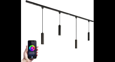 HOFTRONIC railverlichting pakket recht – 2 meter rail – 4 hanglampen met RGBWW GU10 lichtkleur – dimbaar via app – aluminium zwart – IP20 – 230V – smart track lights woonkamer keuken kantoor
