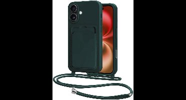 Hoes Geschikt voor iPhone 16 Plus Hoesje Pasjeshouder Cover Met Koord Case Siliconen Hoes Met Telefoonkoord en Kaarthouder - Donkergroen