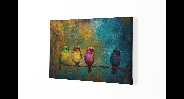 Canvas Schilderij - Vogels op in rij - Kleurrijke Wall Art - 60x40x2 cm