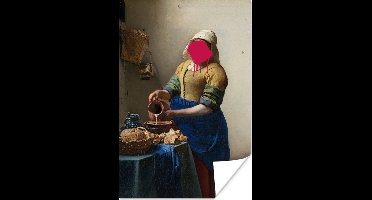 Melkmeisje van oude meester Johannes Vermeer met roze verfklodder 20x30 cm - klein - Foto print op Poster (wanddecoratie woonkamer / slaapkamer)
