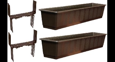 Set van 3 kunststof plantenbakken bruin rechthoekig 80 cm met 6 verstelbare balkon/muurbeugels