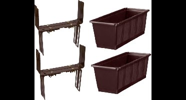 Set van 3 kunststof plantenbakken bruin rechthoekig 60 cm met 6 verstelbare balkon/muurbeugels