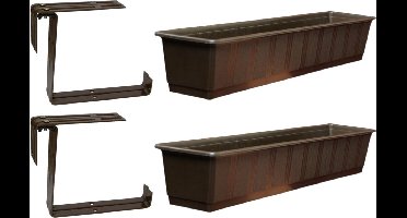 Set van 2 kunststof plantenbakken bruin rechthoekig 80 cm met 4 verstelbare railing beugels