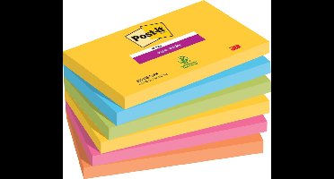 Post-it® Super Sticky Notes, Kleurenset Rio, Neon geel, Mediterraan blauw, Neon Groen, Fuchsia, Neon oranje , 76mm x 127 mm, 6 blokken