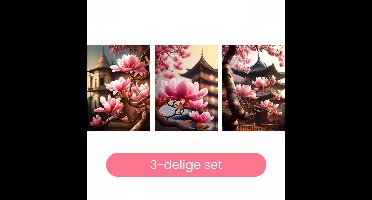 HobbyMania Schilderen op Nummer Volwassenen Drieluik - Tempels met Magnoliabloesems - Inclusief Verf, Penselen en Tekenhandschoen - Kleuren op Nummer - 3x 40x50 cm