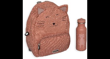 Trixie Back to School Set - Rugzak & drinkfles 500ml - Mrs. Cat - Ideaal voor kleuters - Fles in RVS - Roze