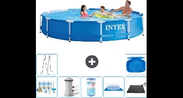 Intex Rond Frame Zwembad - 366 x 76 cm - Blauw - Inclusief Onderhoudspakket - Zwembadfilterpomp - Filter - Grondzeil - Solar Mat - Ladder - Voetenbad