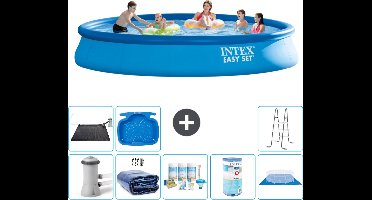 Intex Rond Opblaasbaar Easy Set Zwembad - 457 x 84 cm - Blauw - Inclusief Pomp Solarzeil - Onderhoudspakket - Filter - Grondzeil - Solar Mat - Ladder - Voetenbad