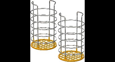 Set van 2x stuks ronde keukengerei houder zilver/geel 19,5 cm van RVS - Keukengereihouder - Pollepelhouder - Spatelhouder