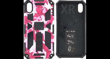 Hoesje Geschikt voor iPhone XR Hoesje - Rugged Extreme Backcover Camouflage met Kickstand - Pink