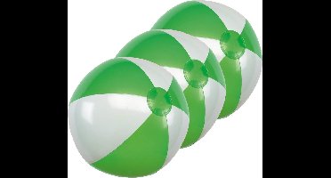 Opblaasbare speelgoed strandbal - 3x - groen/wit - dia 28 cm - Strandballen - Buiten speelgoed - Strand speelgoed - PVC