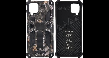 Hoesje Geschikt Voor Samsung Galaxy A12 (5G) Hoesje - Rugged Extreme Backcover Takjes Camouflage met Kickstand – Grijs