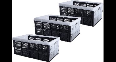 Inklapbare boodschappenkrat - Set van 3x stuks - opbergkrat - zwart / wit - 48 x 35 x 24 cm - vouwkrat