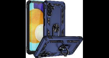 Hoesje Geschikt Voor Samsung Galaxy A04S Hoesje Anti-Shock Hybrid Armor hoesje Blauw - Hoesje Geschikt Voor Samsung Galaxy A04s / A13 5G ring houder TPU backcover hoesje - screenprotector Galaxy A04S - 2 pack