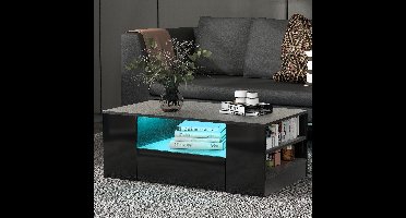 Moderne hoogglanzende salontafel met 16 kleuren LED-verlichting-rechthoekige bank Bijzettafel met 2 lades en 2 planken voor woonkamer 2 lagen - 95 x 53 x 37 cm zwart
