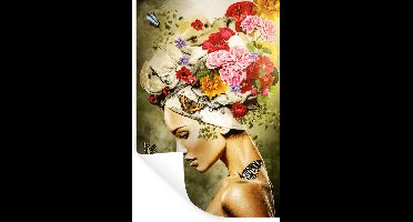Muurstickers - Sticker Folie - Vrouw - Bloemen - Kleuren - Vlinders - Rozen - Hoofddoek - 20x30 cm - Plakfolie - Muurstickers Kinderkamer - Zelfklevend Behang - Zelfklevend behangpapier - Stickerfolie