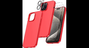 Hoesje Geschikt voor iPhone 15 Pro Max – Zacht siliconen liquid backcover met 2x screenprotector gehard glas en 1x lens protector – Rood