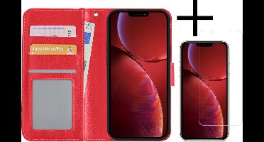 Hoesje - Met Screenprotector - Geschikt voor Apple iPhone 14 Pro - Luxe Pasjeshouder - Bookcase Portemonee - Flip Case - Kunstleer Book Case - Flipcase - Book Cover - Walletcase - Portemonneehoes - Rood