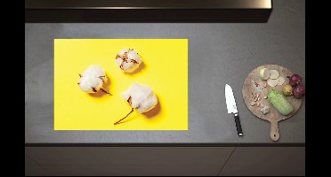 Inductieplaat Beschermer - Katoenbollen op Felgele Achtergrond - 70x52 cm - 2 mm Dik - Inductie Beschermer van Vinyl