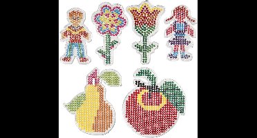 Onderplaat, bloemen, meisje, jongen, appel en peer, afm 8,5x14-14x16 cm , 6 stuk