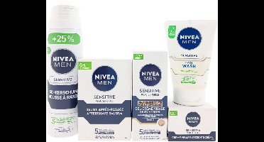 Nivea Men Sensitive Complete Gezichtsverzorging Set – 5-delig – Reinigingsgel + Scheerschuim + Aftershave + Crème + Gezichtsgel – Cadeau voor hem