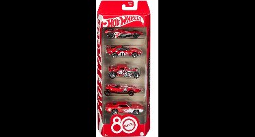 Hot Wheels Core Mattel 80e Verjaardag 5-Pack Speelgoedauto's op Schaal 1:64 met Verzamelbare Decoratie