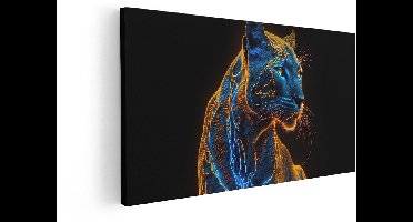Artaza Canvas Schilderij Glowende Zwarte Panter met Neonblauwe en Oranje Gloed op Zwart - 120x60 cm - Groot - Wanddecoratie Woonkamer - Schilderijen - Muurdecoratie