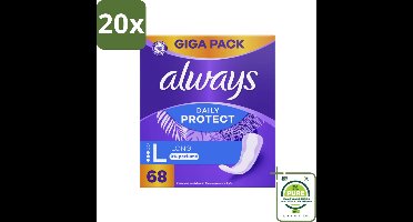 20 x Always - Inlegkruisjes - Long - 0% Parfum - Voordeelverpakking - 68 Inlegkruisjes - Grootverpakking - Inlegkruisjes - Always - Inlegkruisjes Zonder Parfum - Langdurige Bescherming - Inlegkruisjes Voor Lichte Menstruatie