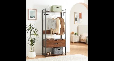 Kledingkast set van 2 Altameubel Larem Industrieel – Open kast met metalen frame, 4 lades, 6 open vakken en 2 kledingroedes – Staand rek Zwart/Walnoot – Hal & Slaapkamer opbergoplossing