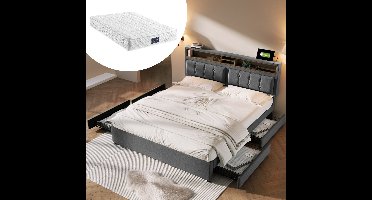 Bed 140x200 cm - Met matras - Houten lattenbodem - Verstelbaar hoofdeinde - 4 opbergladen - USB + Type C - Max. 300 kg - Lichtbeige/grijs linnen stof - 7 comfortzones - Hypoallergeen - Oeko-Tex gecertificeerd