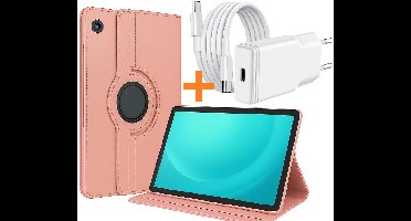 Hoes Geschikt voor Samsung Tab A11 Plus / A9 Plus tablethoes – 360° draaibaar Rose Goud met USB C Adapter - USB C oplader- Slim Snellader 20W Met USB C Kabel 1m - Ntech COMBI-SET