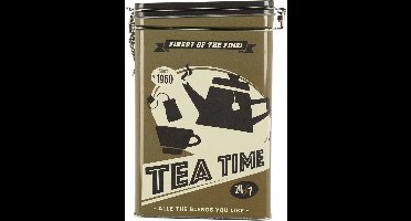Excellent Houseware Thee bewaarblik - metaal - retro print bruin - 13 x 18 cm - theezakjes en losse thee