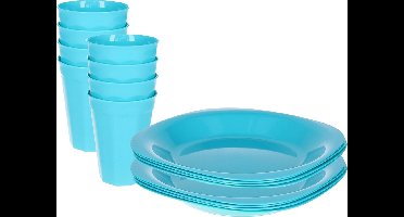 Plasticforte Verjaardag/kinder/camping borden/beker set - 16x stuks - blauw - kunststof - onbreekbaar