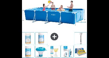Intex Rechthoekig Frame Zwembad - 450 x 220 x 84 cm - Blauw - Inclusief Chloor - Chloordrijver - Testrips - Reparatiesetje - Scrubborstel - PH-waarde - PH-waarde - Thermometer