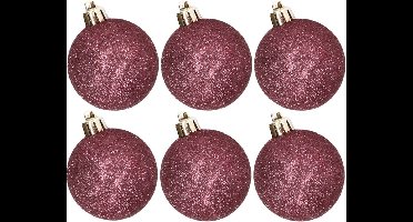 6x stuks kunststof glitter kerstballen aubergine roze 8 cm - Onbreekbare kerstballen - Kerstversiering