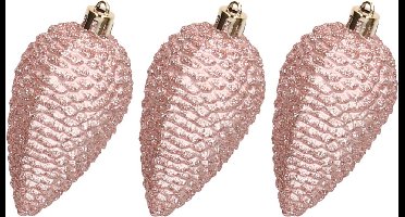 Decoris Kersthangers dennenappels - 6x st - lichtroze - glitter - 8 cm - kunststof - kerstversiering
