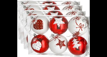 24x stuks gedecoreerde kerstballen rood en wit kunststof diameter 6 cm - Kerstboom versiering